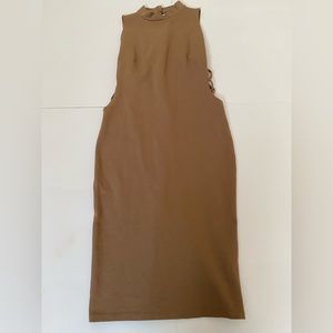Solemio Los Angeles Nude/Brown Mock Neck Midi Dress with side cut-out-Medium